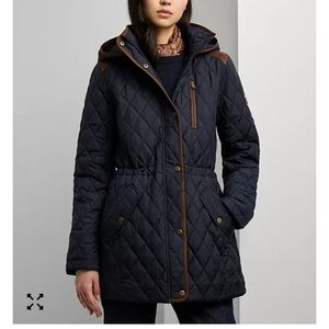 Lauren Ralph Lauren Quilted Jacket in Navy with Brown Trim